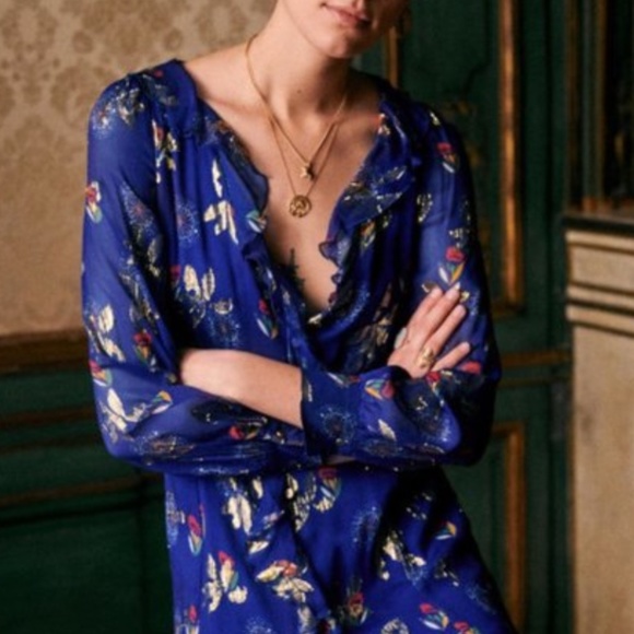 SOLD Sezane Adele silk Dress- "electric blue floral" Size 36 - Picture 4 of 12